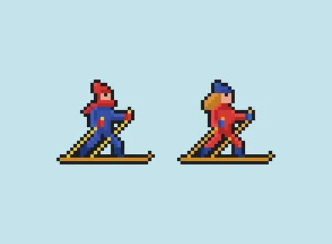 Pixel art vector 8 bit illustration - man and woman in sport jackets skiing on Stock Illustration