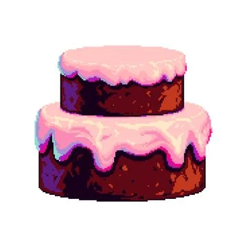 Pixel art vector of a chocolate cake with pink icing. Clean and isolated for use Stock Illustration