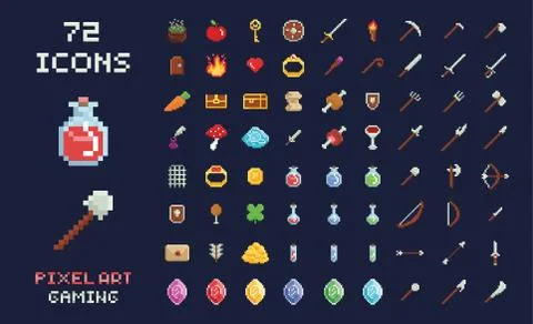 Pixel art vector game design icon video game interface set. Weapons, food, items Stock Illustration