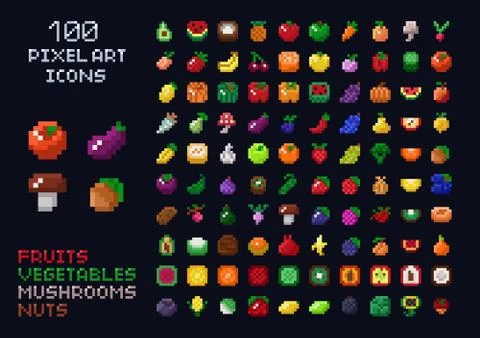 Pixel art vector game design icon video game interface set. Fruits, vegetables Stock Illustration
