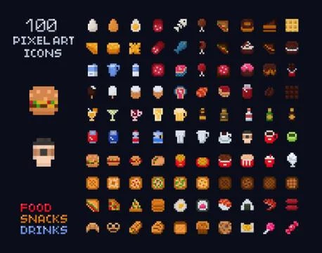 Pixel art vector game design icon video game interface set. Food items - 스톡 일러스트