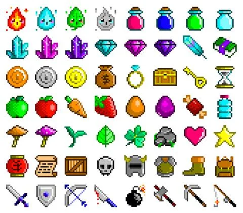 Pixel art vector icons set. Game assets - 56 items for various design purposes Stock Illustration