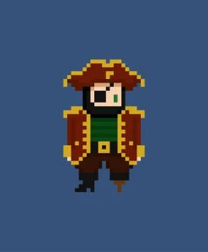 Pixel art vector illustration - 8 bit pirate captain with eye patch and leg Stock Illustration