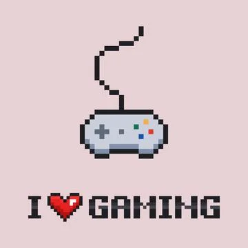 Pixel art vector illustration - 8 bit grey gamepad with wire and I love gaming Stock Illustration
