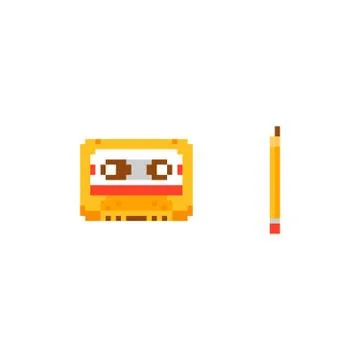 Pixel art vector illustration - audio tape compact cassette and pencil to rewind Stock Illustration