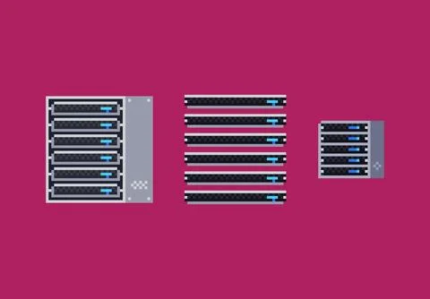 Pixel art vector illustration of grey server rack cabinet, server blade icon set Stock Illustration