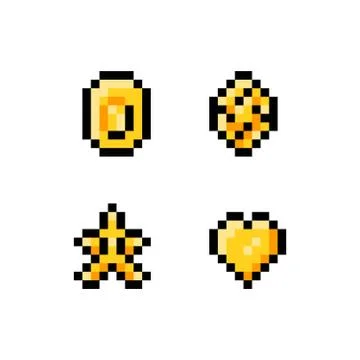 Pixel art vector illustration icon set. Golden yellow objects for game sprites - Illustrazione stock