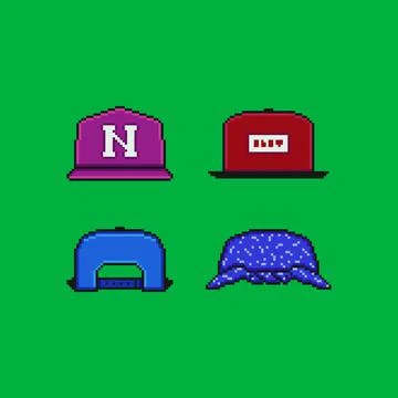 Pixel art vector illustration icon set. Baseball cap, front and back, bandana Stock Illustration