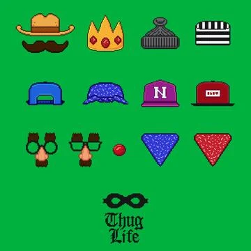 Pixel art vector illustration icon set. Baseball cap, front and back, bandana Stock Illustration