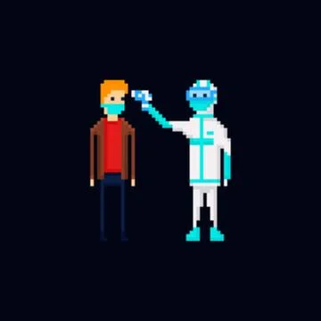 Pixel art vector illustration of a medic wearing a protective suit measuring Stock Illustration