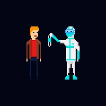 Pixel art vector illustration of a medic wearing a protective suit offering a Stock Illustration