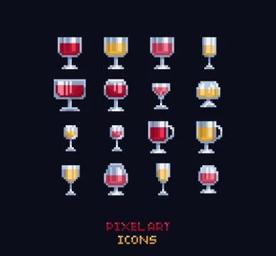 Pixel art vector illustration - red, white, rose, cider, mulled wine glasses 스톡 일러스트