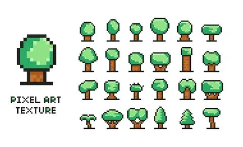 Pixel art vector illustration set - 8 bit green tree icons isolated Illustrazione stock