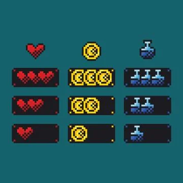 Pixel art vector illustration set - 8 bit retro style health, mana and money 스톡 일러스트
