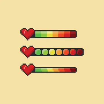 Pixel art vector illustration set - red heart and health bar color indicator, 8 Illustrazione stock