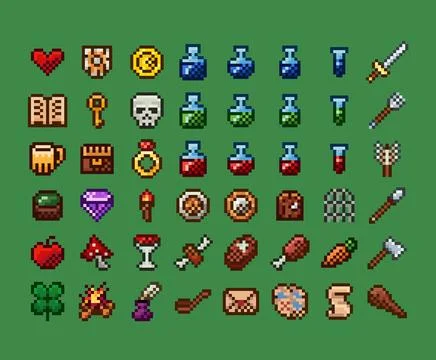Pixel art vector retro video game icons interface set. Weapon, food, item Illustrazione stock
