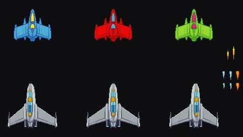 Pixel art vector set of colorful spaceships with tilt poses, shots, and thruster Stock Illustration
