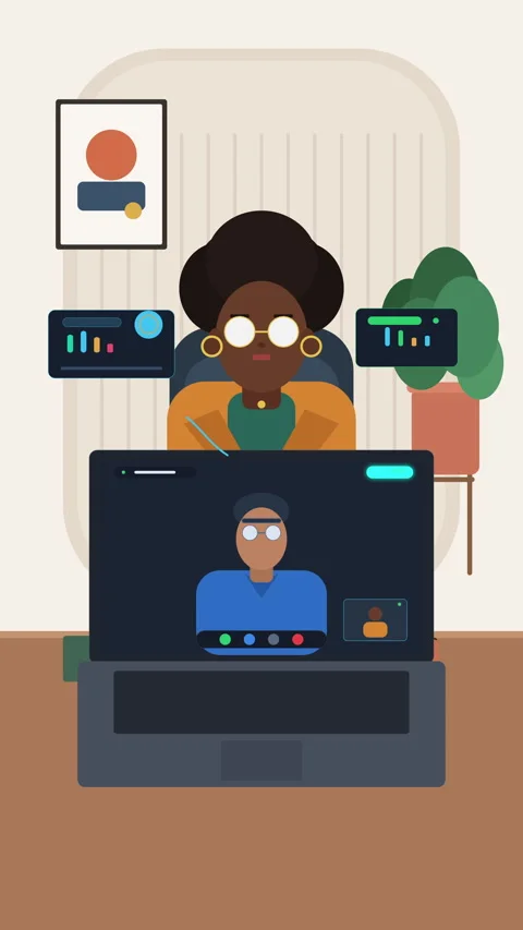 Pixel art video call animation showing woman working on laptop Stock Footage 346539640