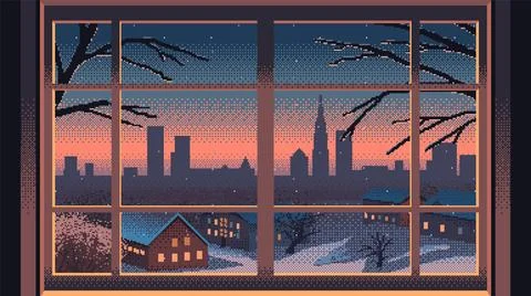 Pixel art view from the window to a winter village landscape. Snowy houses in Stock Illustration