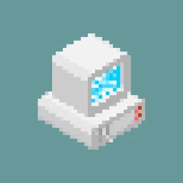Pixel art of a vintage personal computer (PC) with a monitor. Represents re.. Stock Illustration
