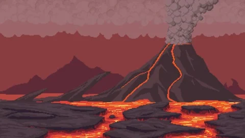 Pixel art volcano lava landscape animation Stock Footage 332273630