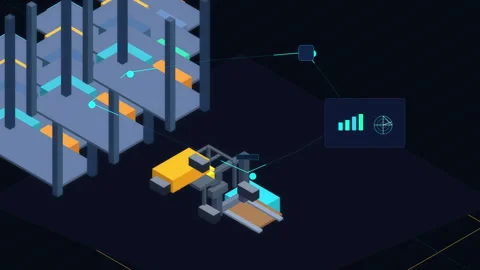 Pixel art warehouse animation depicting automated logistics and network Stock Footage 346541267