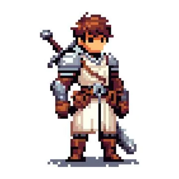 A pixel art warrior stands confidently, wearing medieval armor and holding .. Stock Illustration