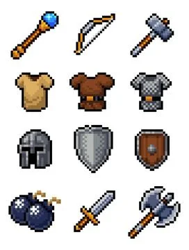 Pixel Art Weapons Armor Video Game Items Asset Set イラスト素材