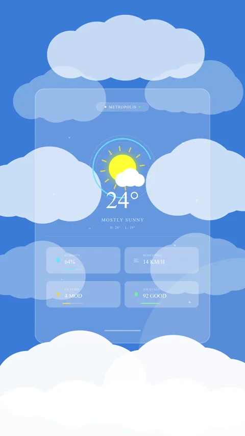 Pixel art weather app interface UI animation on blue sky background Stock Footage 346552303
