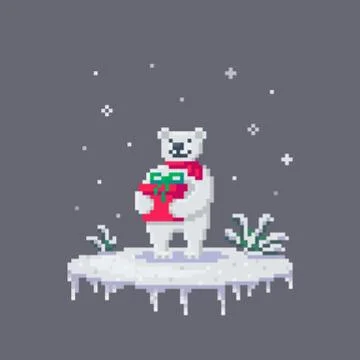 Pixel art white bear with a gift. Stock-Illustration