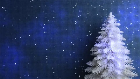 Pixel art white Christmas tree on blue starry background. 8-bit winter snow Stock Footage 341748413