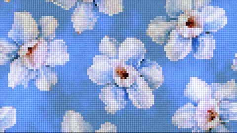 Pixel Art White Flowers Pattern on Blue LED Screen Background Illustrazione stock