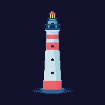 Pixel art white lighthouse with red lines 8 bit illustration sprite 스톡 일러스트