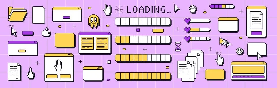 Pixel art windows interface. 8 bit browser and popup elements with pointers Stock Illustration