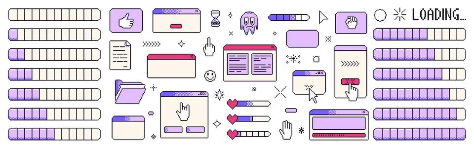 Pixel art windows interface vintage. 8 bit browser and menu elements with Stock Illustration