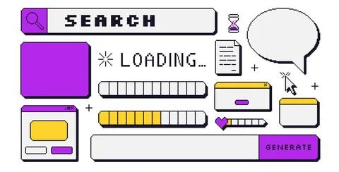 Pixel art windows interfaces and speech bubbles set . 8 bit frames and game Stock Illustration