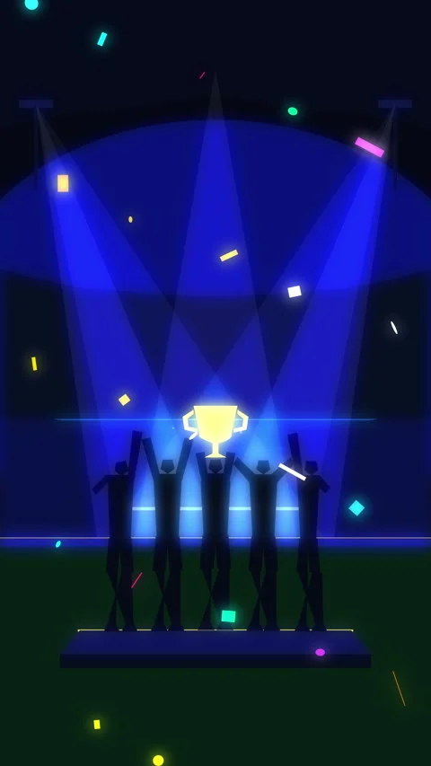 Pixel art winners celebrating holding a trophy under spotlight animation Stock Footage 346540905