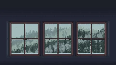 Pixel art winter forest view through window Stock-Illustration