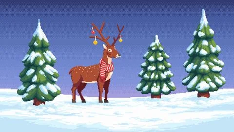 Pixel art winter landscape with deer in scarf, snowy trees, evening sky. Illustrazione stock