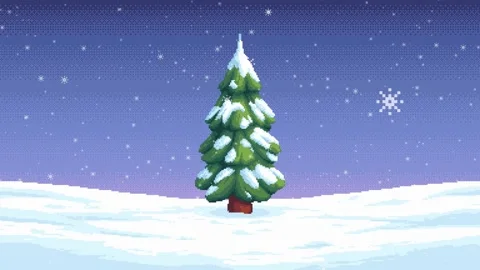 Pixel art winter tree with falling snow animation Stock Footage 323259861