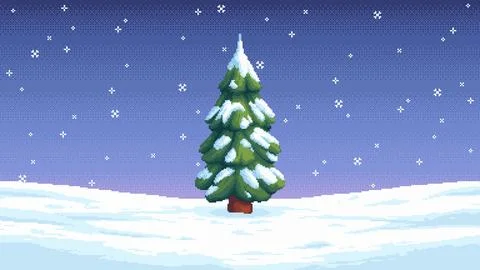 Pixel art winter tree in snowy landscape Stock Illustration