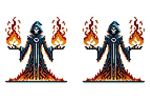 Pixel art wizard in a dark robe with blue and orange accents wielding fire .. Stock Illustration