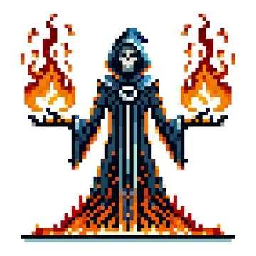 Pixel art wizard in a dark robe with blue and orange accents wielding fire .. Stock Illustration