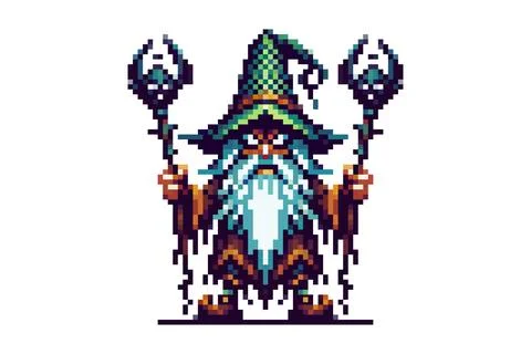 Pixel art wizard in a green pointed hat with a white beard holding two staf.. Stock Illustration