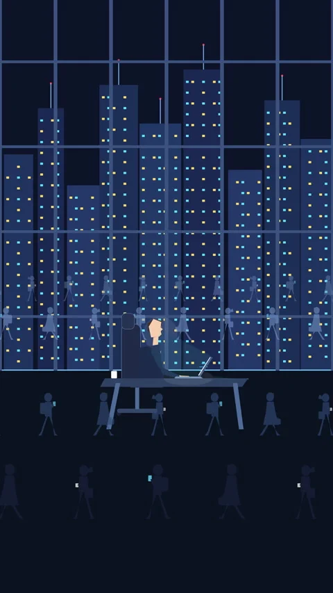 Pixel art worker animation in night city office loop Stock Footage 346544818