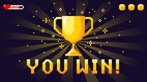 Pixel art you win text with winner golden cup and stars on black background Stock Illustration