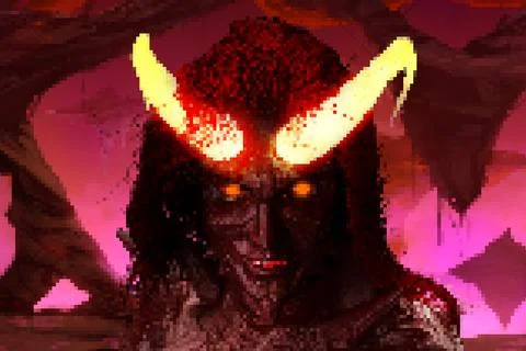 Pixel artwork illustration of 16 bit game female demon goddess in cave. Stock Illustration