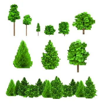 Pixel artwork illustration of 8 bit various shape trees on white background. Illustrazione stock