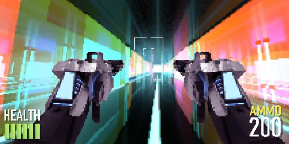 Pixel artwork illustration of sci-fi futuristic shooter game. Stock Illustration
