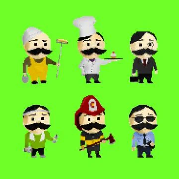 Pixel artwork illustration of various professions cartoon characters. Stock Illustration